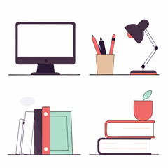 Minimalist Workspace Illustration with Computer Lamp Books and Apple Pot