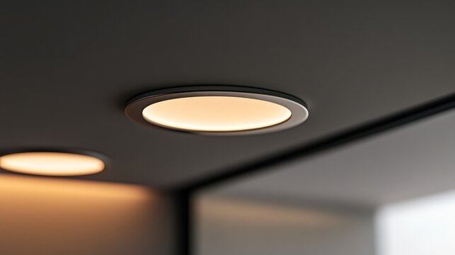 a high-resolution close-up of a minimalist recessed led downlight set, installed flush into a smooth gray ceiling the circular metallic trims subtly frame the warm white glow, adding a touch of