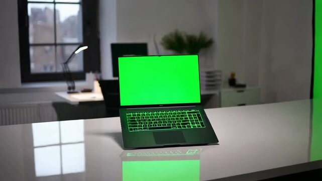 A laptop with green screen sitting on desk animated chromakey background gesture composition depth emotion figure movement scene design style motion frame illustration elements expression