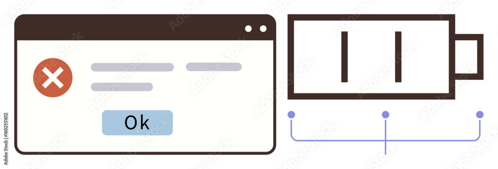 Poster dialog box with error message and ok button next to an empty battery symbol. ideal for technology, a