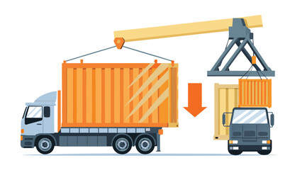 Orange container being lifted from a truck by a crane for transport and delivery purposes shown here
