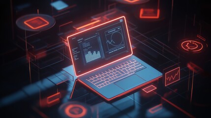 a polished and futuristic email management workspace visualized in a 3d isometric composition at the center, a slim laptop with a glowing screen displays an advanced email marketing dashboard around