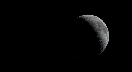A crescent moon is illuminated against a stark black sky, showcasing its textured surface and shadowed areas.