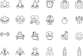 Wellness and self-care icon set, mindfulness and health graphics, relaxation and lifestyle symbols for tutorials, apps, branding, infographics, web, posters, and packaging