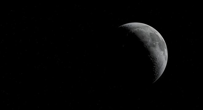 A crescent moon is illuminated against a stark black sky, showcasing its textured surface and shadowed areas.