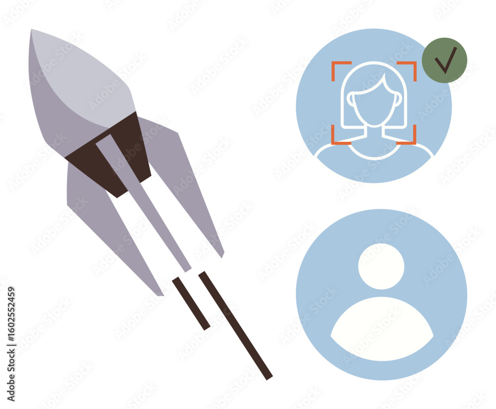 Poster rocket launching diagonally with two user identification icons symbolizing user verification and dig
