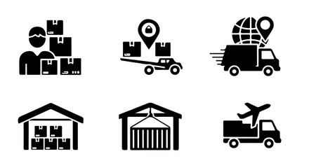 Iconic representations of logistics and shipping, showcasing delivery and storage processes.