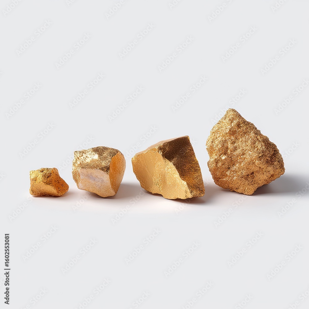 Poster natural gold nuggets display on gray background, highlighting unique textures and shapes for mining 