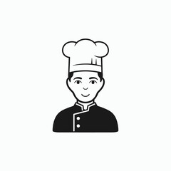 Simple black and white illustration of a smiling chef wearing a tall toque.