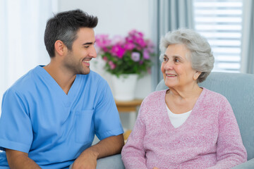 Caring male nurse providing companionship to a happy senior woman