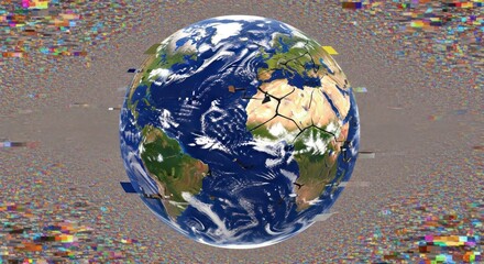 Earth globe with glitch effect and digital distortion