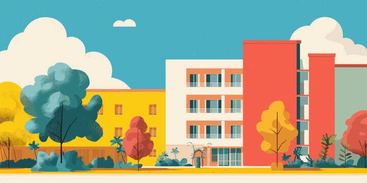 Campus Scene: Colorful vector illustration of a university campus with buildings and trees. Education, school, college, student life. Modern, bright, vibrant.
