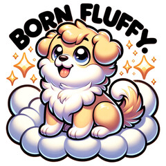 Born Fluffy: A charming cartoon puppy, emanating joy and a touch of fluffiness, perches atop a whimsical cloud. It's a heartwarming representation of playful innocence and pure delight.