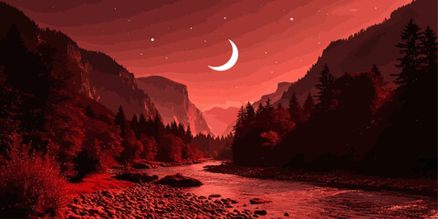 Crimson moonlit valley at night, red sky over mountain river, haunting landscape rocky canyon starry.