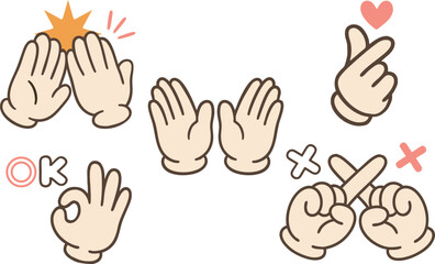 Cute Hand Gesture Icon Set – High Five, Waving, Finger Heart, OK Sign, Cross Mark