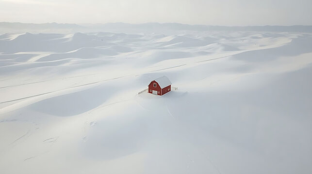 A minimalist winter landscape features a bright red barn in untouched snow-covered hills, soft natural light, and distant mountains. The high-angle aerial view contrasts the vivid barn with the pure w - Powered by Adobe