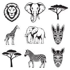 Obraz premium A collection of african wildlife icons including a lion, elephant, giraffe, zebra, tribal masks, and acacia trees