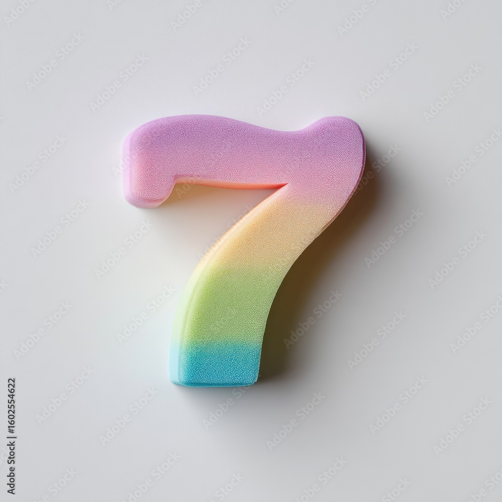Poster Colorful Rainbow Number Seven Foam Toy on Smooth Background with Soft Gradient Design for Playful Decor and Educational Use
