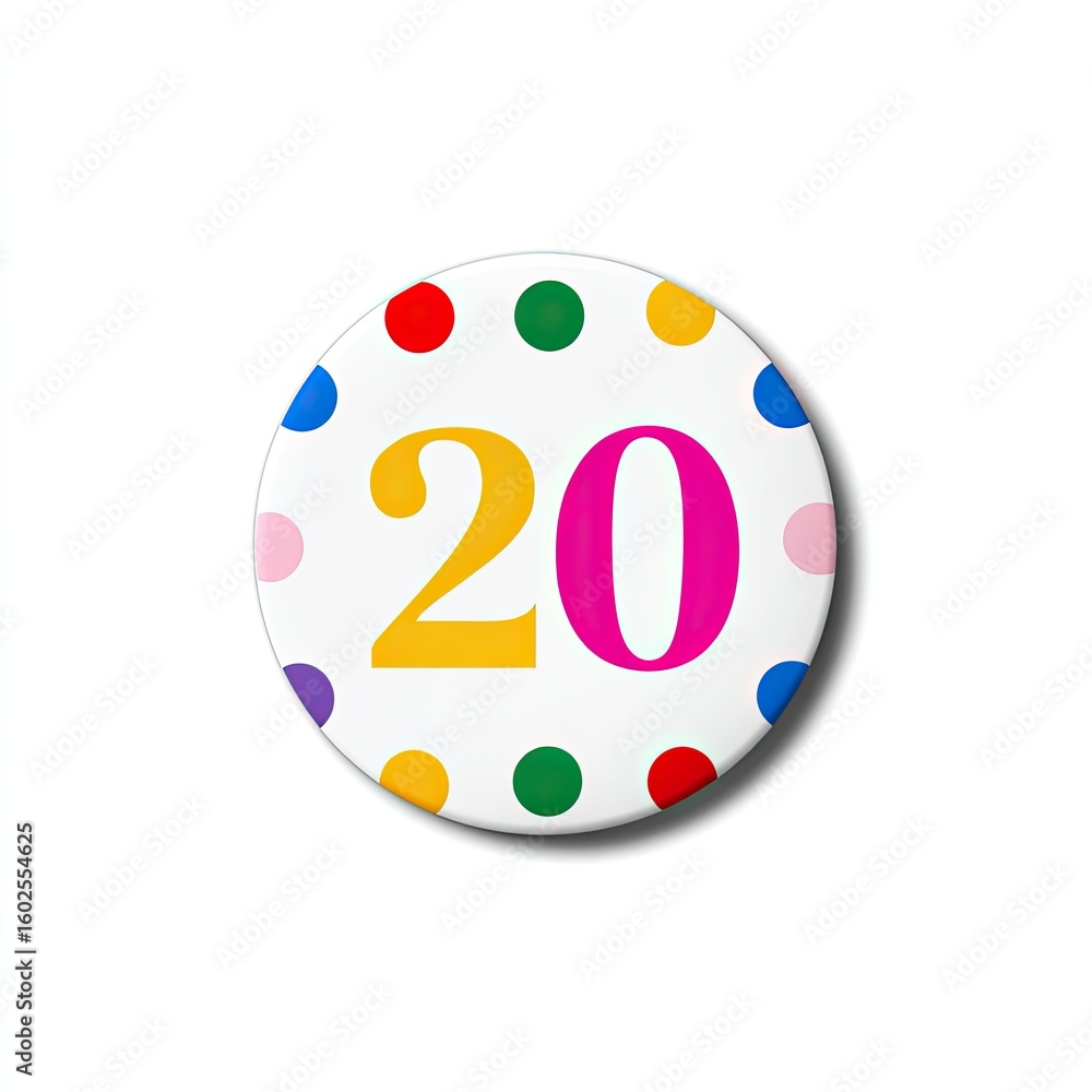 Poster colorful circular badge featuring number twenty on white background with polka dots in various color