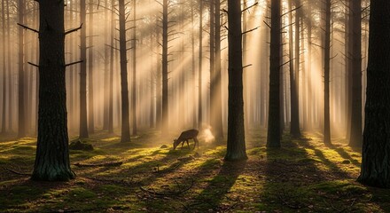 Obraz premium Sunbeams illuminate a deer grazing in a tranquil and misty forest landscape