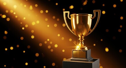 Golden trophy on dark background with bokeh and spotlight award winner