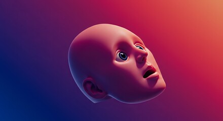 Floating Pink Head with Wide Eyes Against Gradient Background