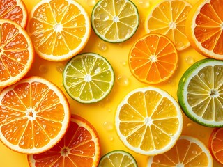 Obraz premium Sliced citrus fruits and sparkling water droplets suspended in mid-air over soft yellow background — vibrant vitamin C energy wallpaper with floating freshness and minimal fruity appeal 