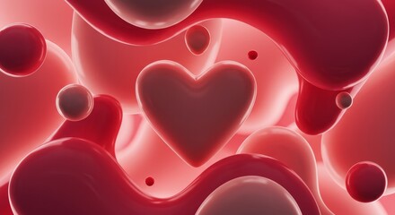 Floating Red Heart with Fluid Shapes Abstract Valentine Background