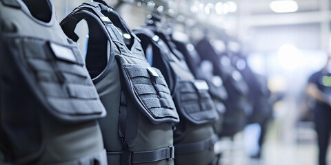 Close-up view of tactical vests organized on a rack Generative AI
