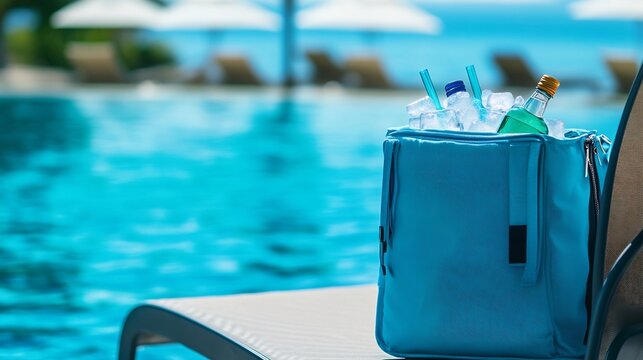 Designer cooler bag placed poolside on a lounge chair filled with chilled drinks and ice The background shows shimmering blue water and umbrellas giving a luxurious vacation vibe