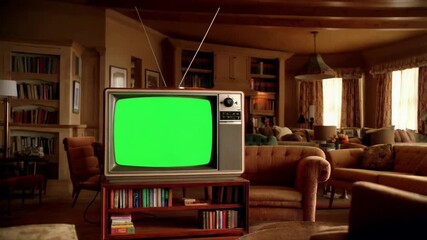 An old television with a green screen in living room animated chromakey background layers motion figure emotion colorful elements illustration depth movement creative expression scene