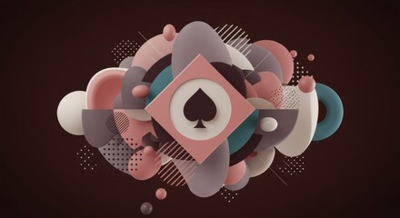 Geometric Spade Symbol with Abstract Shapes on Maroon Background