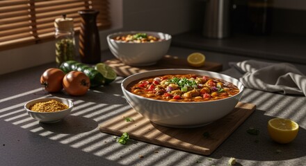 Hearty Vegetable Stew in White Bowls on Kitchen Counter in Sunlight
