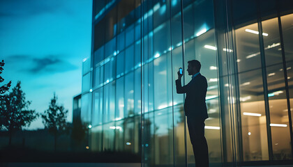 Fototapeta premium Ceo standing glass wall evening building talking cellphone. Executive calling