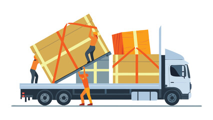 Workers loading large boxes onto a flatbed truck with orange straps and gray support structure carefully