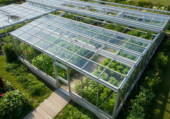 Modern glass greenhouses aerial view