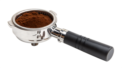    espresso portafilter filled with ground coffee isolated on white background PNG, AI GENERATED