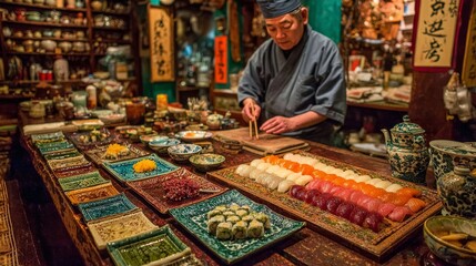 Fototapeta premium A skilled chef meticulously preparing sushi in a traditional Japanese kitchen with vibrant dishes
