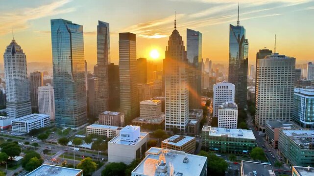 Sunrise illuminates Dallas skyline, showcasing modern skyscrapers and urban landscape.