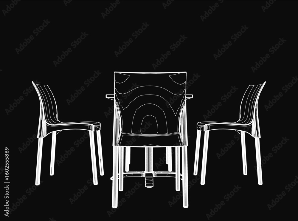 Poster three white contour chairs and a table stand out against a deep black background. the chairs form a 
