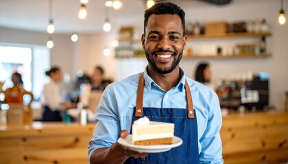 Happy barista holding a slice of cake in a cafe