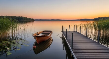 Fototapeta premium Tranquil Lakeside Scene: Rowboat Moored by a Wooden Dock at Sunset