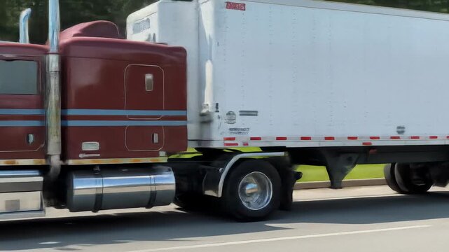 Maroon semi trailer truck with white reefer trailer driving on highway. Freight transport and cargo delivery vehicle.