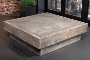 Square, gray concrete coffee table with a wood border.  Interior setting, modern style