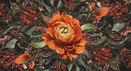 Orange Floral Arrangement with Green Leaves in Dark Artistic Style