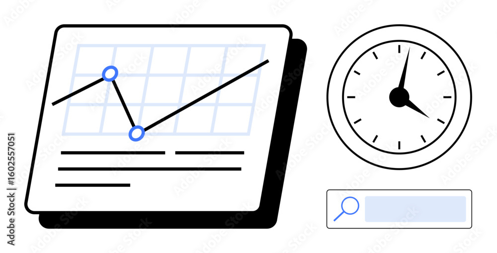 Poster line chart tracking metrics, clock visualizing time, and search bar for precision. ideal for analyti
