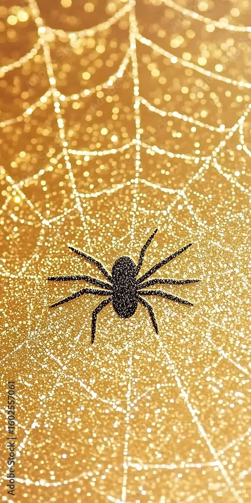 Poster glittering glamour: a spider on a golden spider web with bokeh effect background