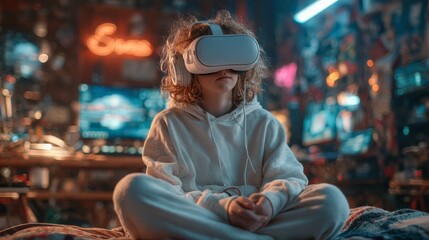 Obraz premium A teenager engaged in online schooling using a VR headset in a vibrant bedroom