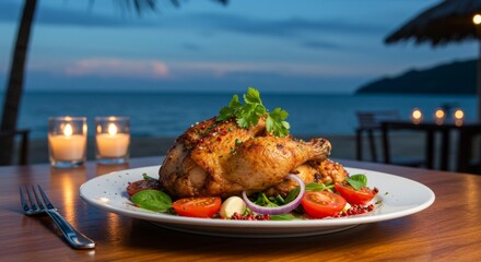 Roasted Chicken with Salad Garnished on White Plate at Seaside Restaurant