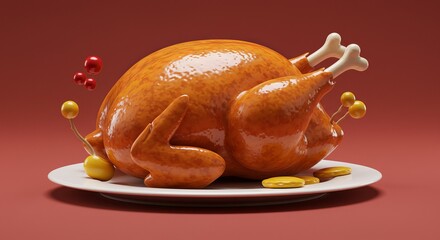 Roasted Turkey on Plate with Berries and Stuffing Against Red Background